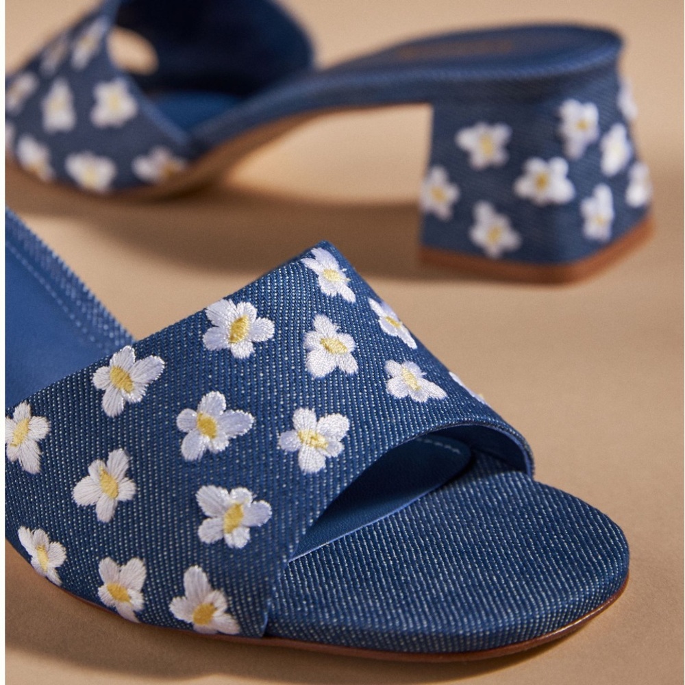 NEW | Larroudé Brigitte Flower-Embroidered Denim Mules - Picture 2 of 13